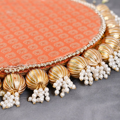 Designer Diwali Pooja Thali Gift Set with Brass Ganesh Laxmi Idol and  Roli Chawal platter  - Peach and Maroon