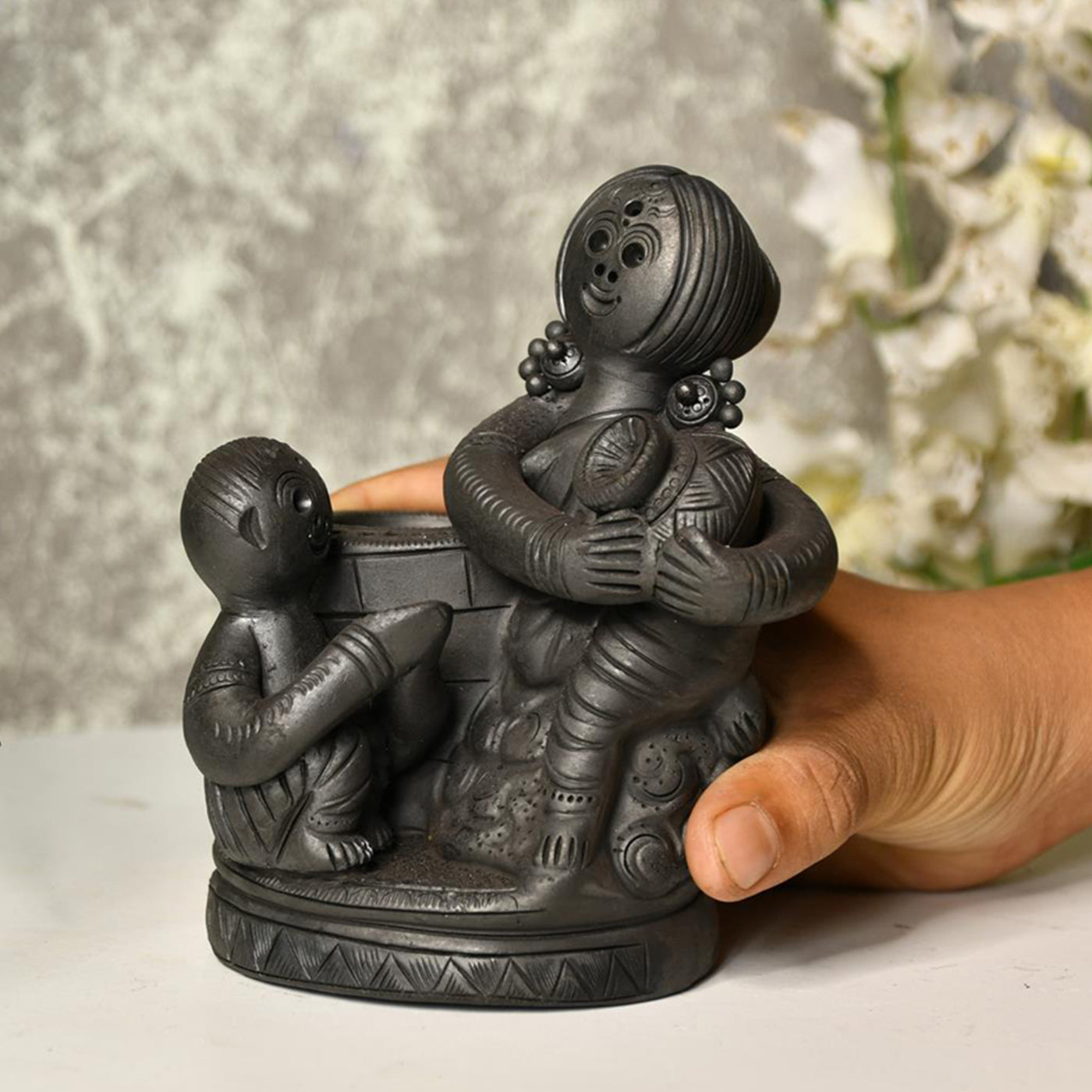 Black Terracotta Mother-Son Artisan Tabletop Decor for Home