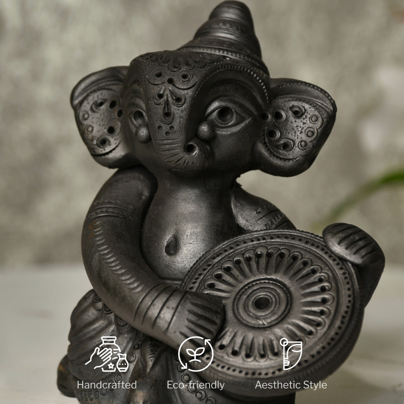 Black Terracotta Ganesh Dafli Tabletop Decor