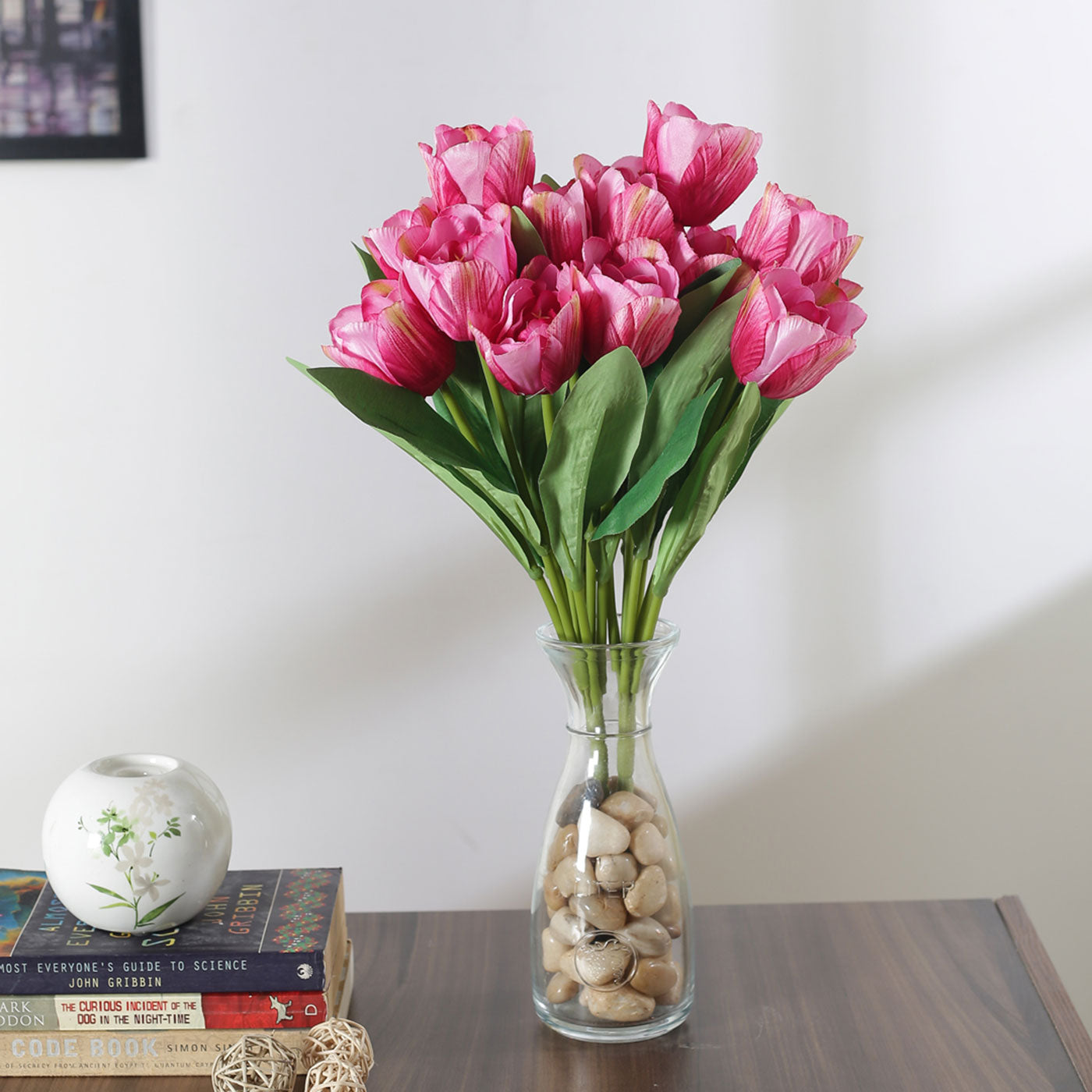 Beautiful Artificial Polyester and Plastic Tulip Flower Bunch For Home Décor (Pack of 2, 9 Head Flower, 40 cm Total Height, Light/Purple)