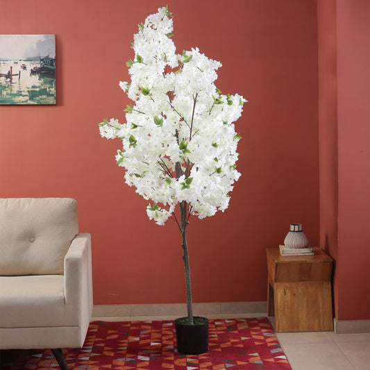 Artificial Peach Bloosm Flowers Plant for Home Decor/Office Decor/Gifting | Natural Looking Indoor Plant (With Pot, 160 cm, White)