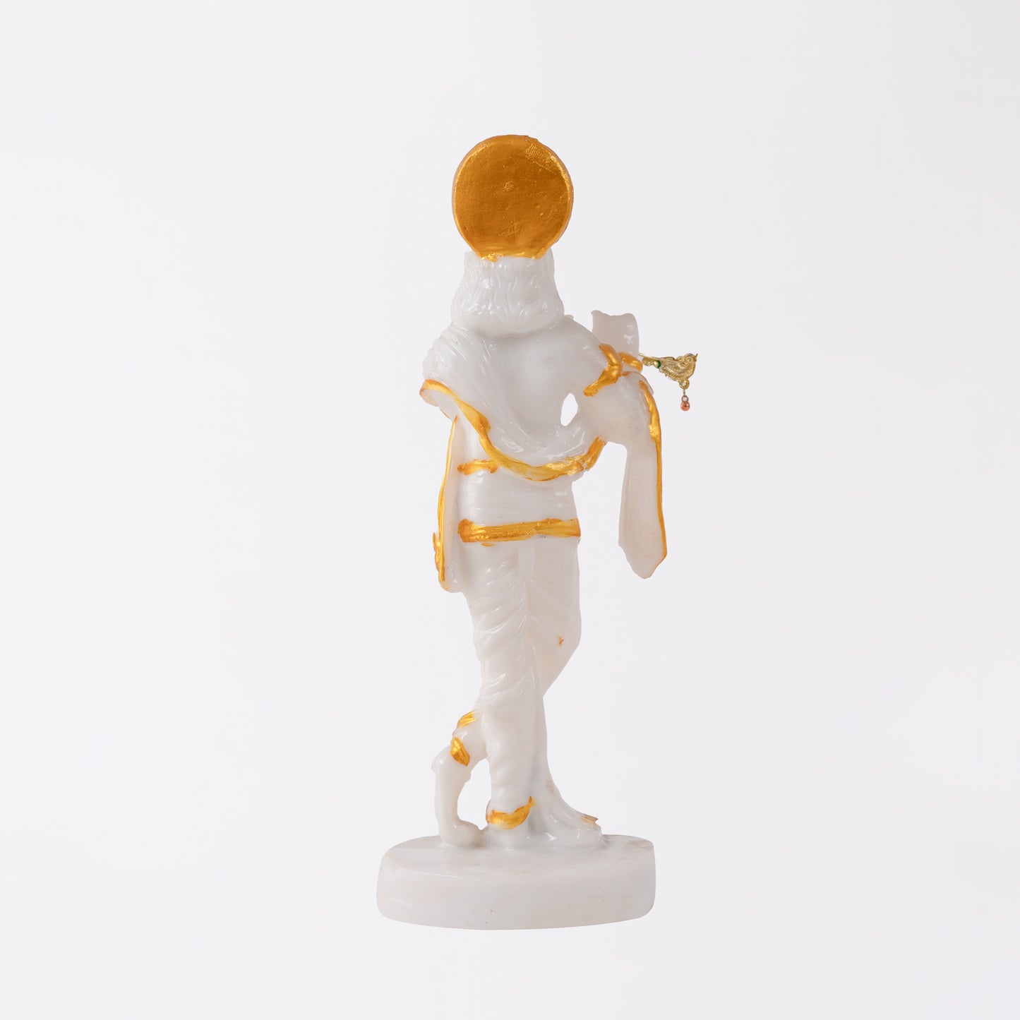 White Marble Dust Lord Krishna with Flute Idol Statue - White and GOLD