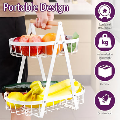 2-Tier Multifunctional Fruit Basket | Metal Fruit Holder Vegetable Basket for Kitchen Counter (White)