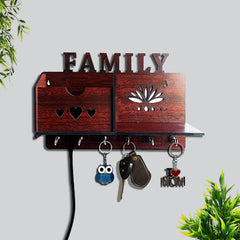 Family wooden key holder | with 6 hooks | for mobile, cards & keys | wall hangings | wall decor