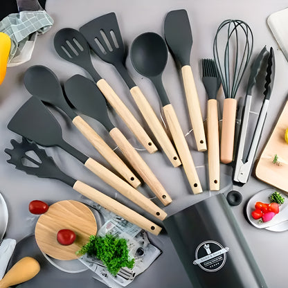 11-Piece Silicone Spatula Set | Heat-Resistant, Non-Stick & BPA-Free | Food-Grade Kitchen Utensils with Wooden Handle | Perfect for Cooking, Baking, Mixing & Serving (Grey)