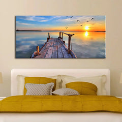 Sunset scenery canvas print is on wooden frame with hooks mounted on each panel