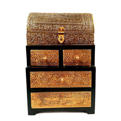 Vintage Jewelry Box Brass  Wooden Chest With 5 Drawers