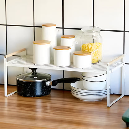 1 Tier Metal Cabinet Organizer Kitchen Storage Rack with Wooden Handles (White)