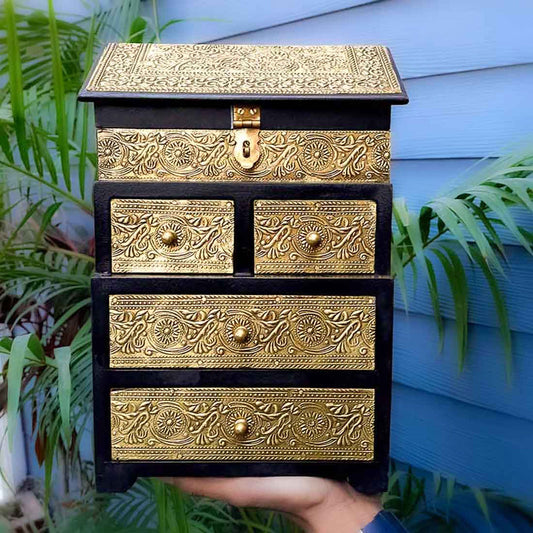 Vintage Jewelry Box Brass  Wooden Chest With 5 Drawers