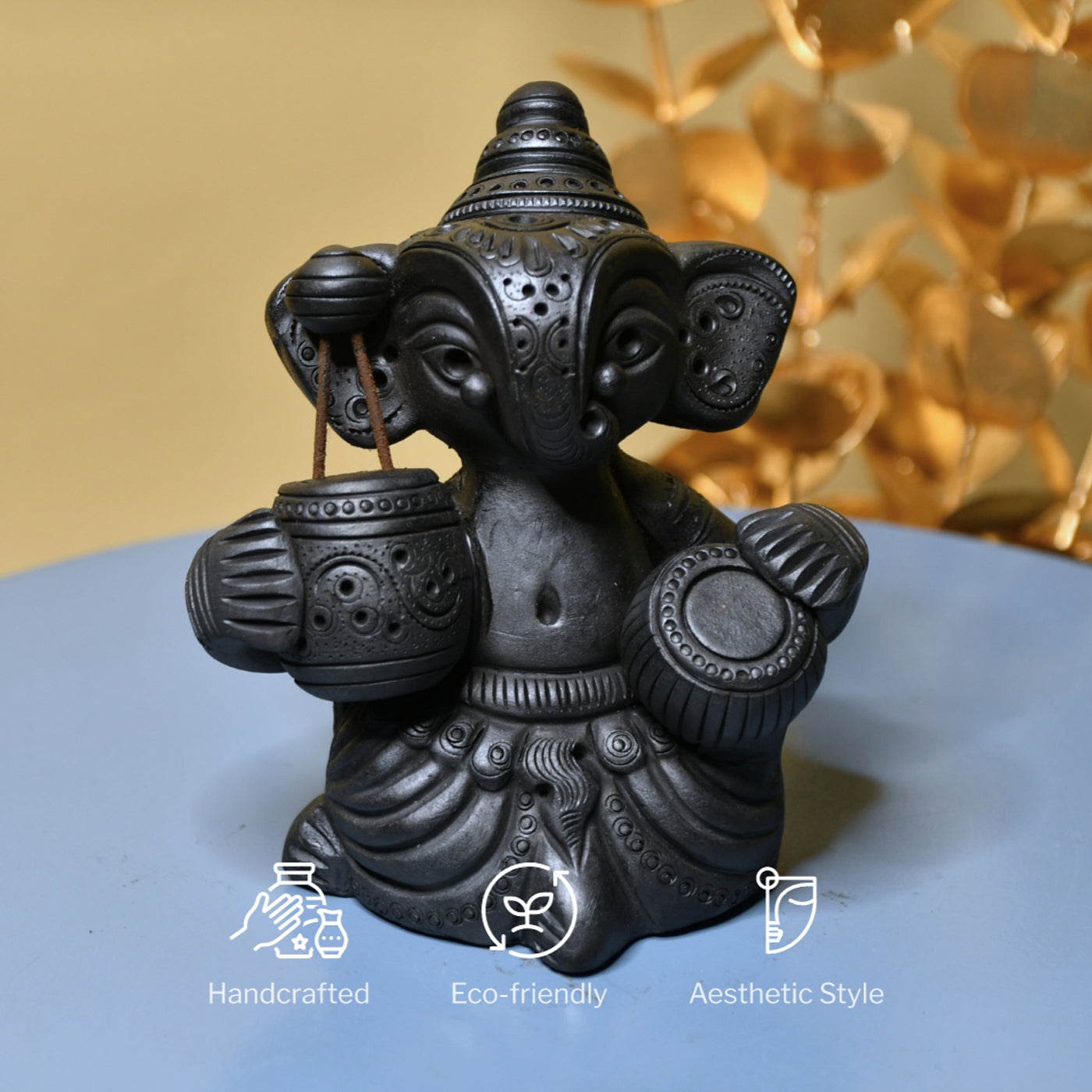 Serene Rhythms Black Terracotta Ganesh Playing Iktara and Tabla