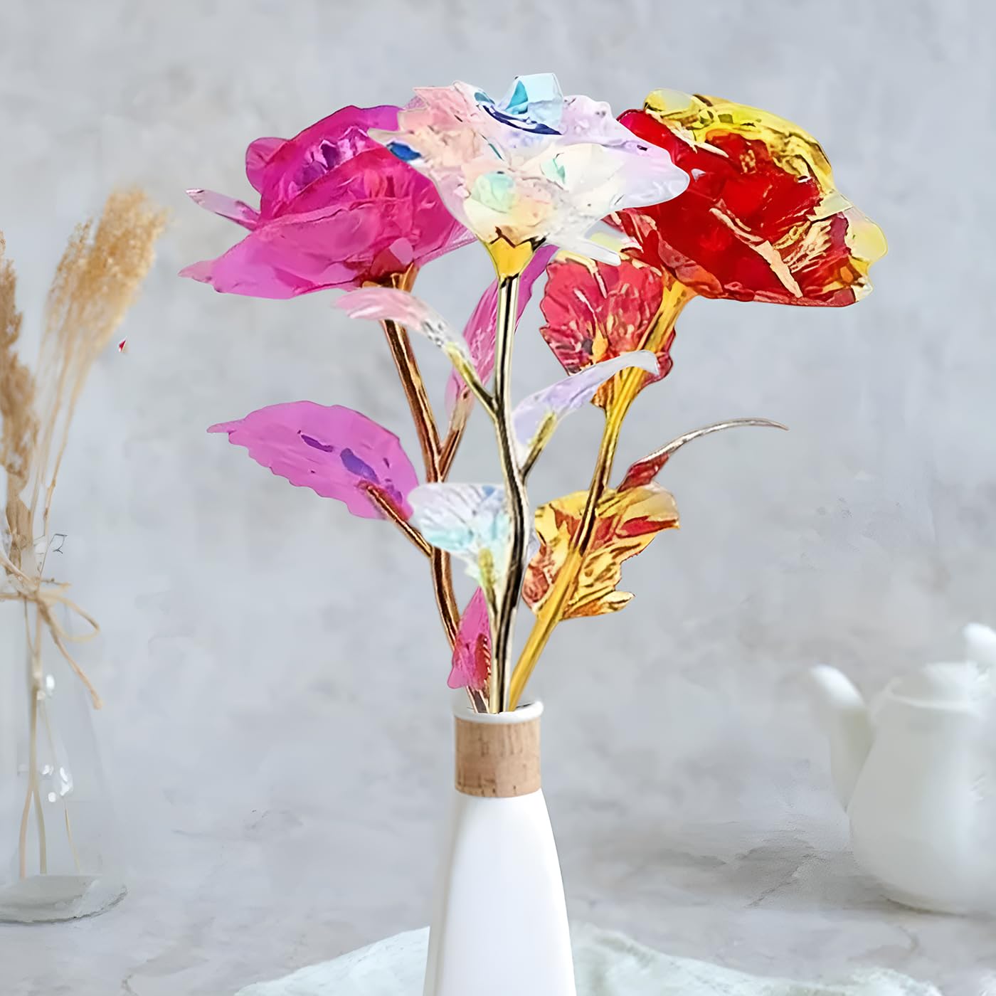 Set of 3 Plastic Artificial Rose Flowers 24cm Forever Rose Fake Flower for Home Decor