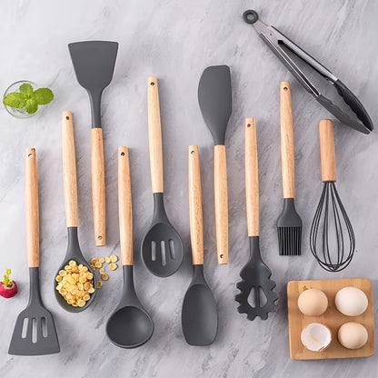 11-Piece Silicone Spatula Set | Heat-Resistant, Non-Stick & BPA-Free | Food-Grade Kitchen Utensils with Wooden Handle | Perfect for Cooking, Baking, Mixing & Serving (Grey)