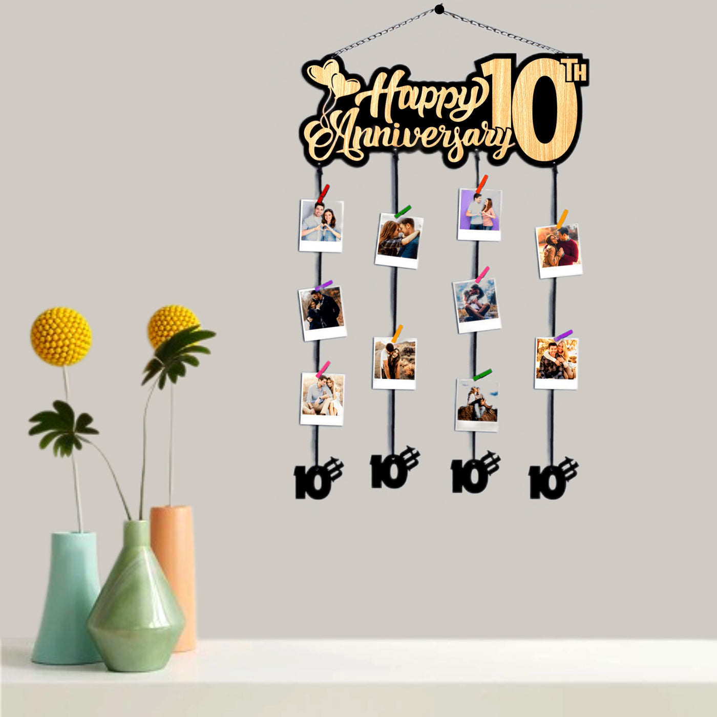 Happy 10th anniversary tassle photo frame | hanging photo frame | collage photo frame | frame with multiple pockets | gifting | home decor | wall decor | wall hanging