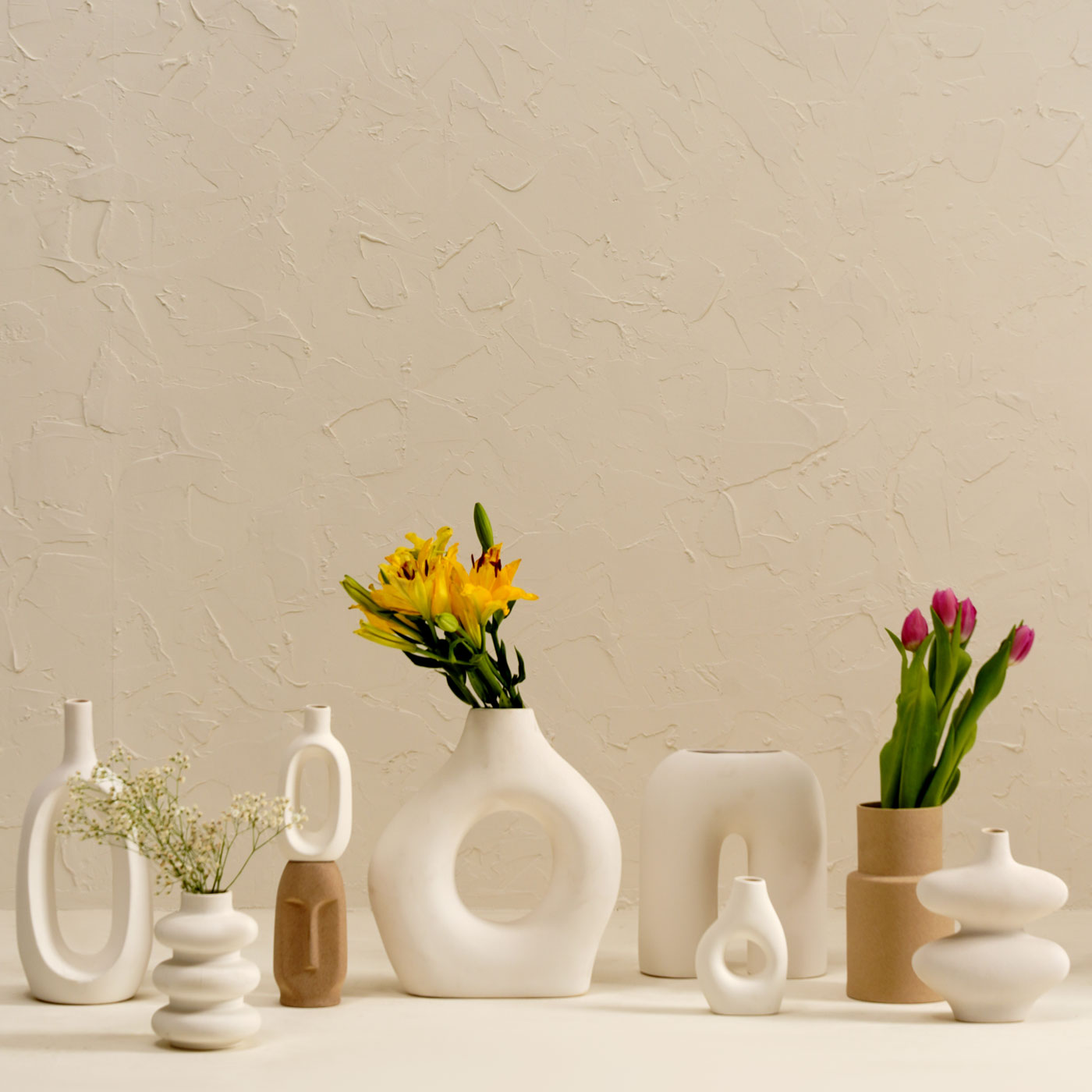 White Farmhouse Vase White and Beige Set of 9