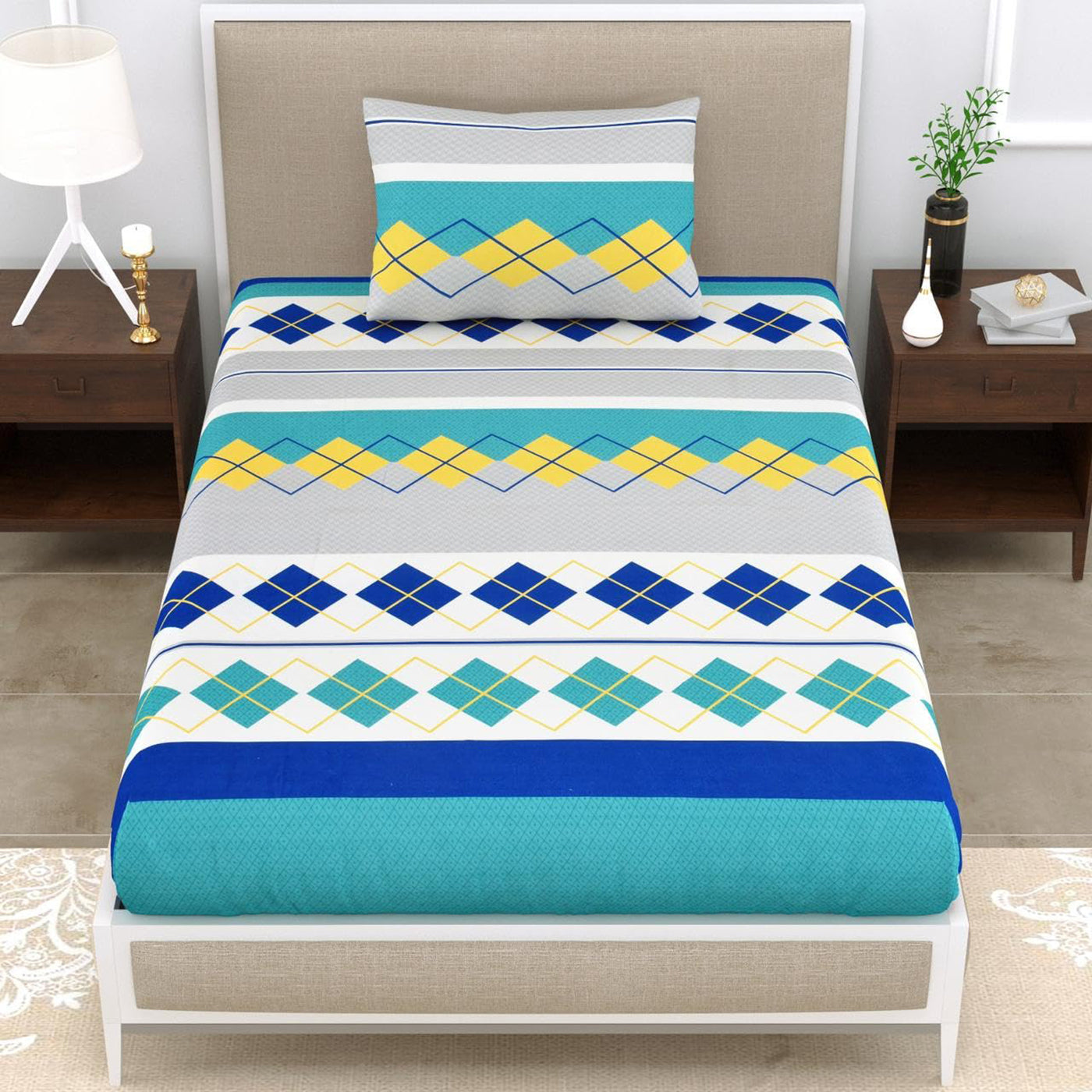 Aqua Blue Cotton Bedsheet for Bed with 1 Pillow Cover