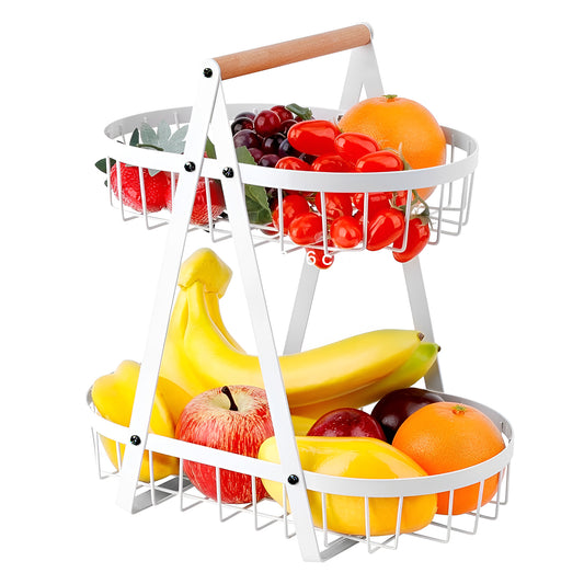 2-Tier Multifunctional Fruit Basket | Metal Fruit Holder Vegetable Basket for Kitchen Counter (White)