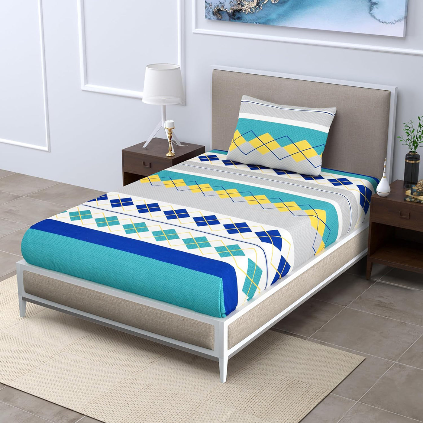 Aqua Blue Cotton Bedsheet for Bed with 1 Pillow Cover