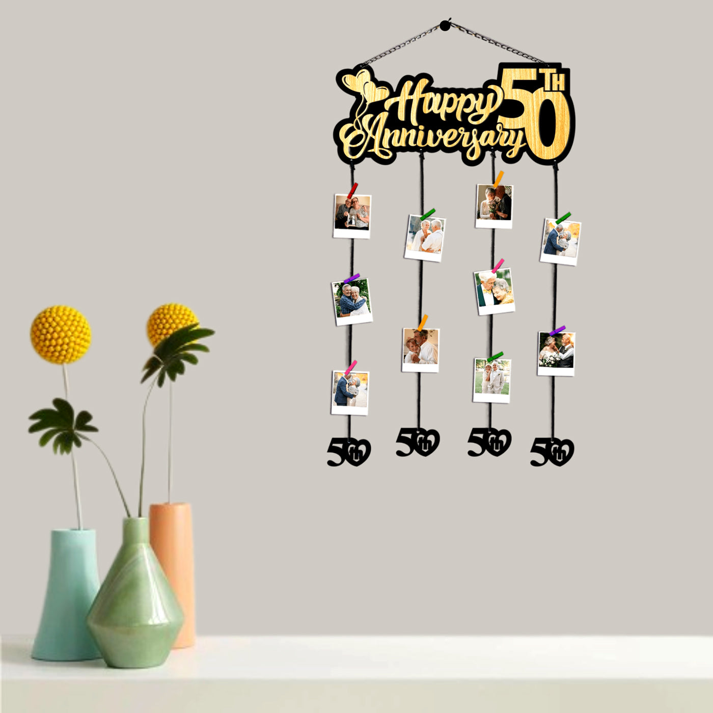 Happy 50th anniversary tassle photo frame | hanging photo frame | collage photo frame | frame with multiple pockets | gifting | home decor | wall decor | wall hanging