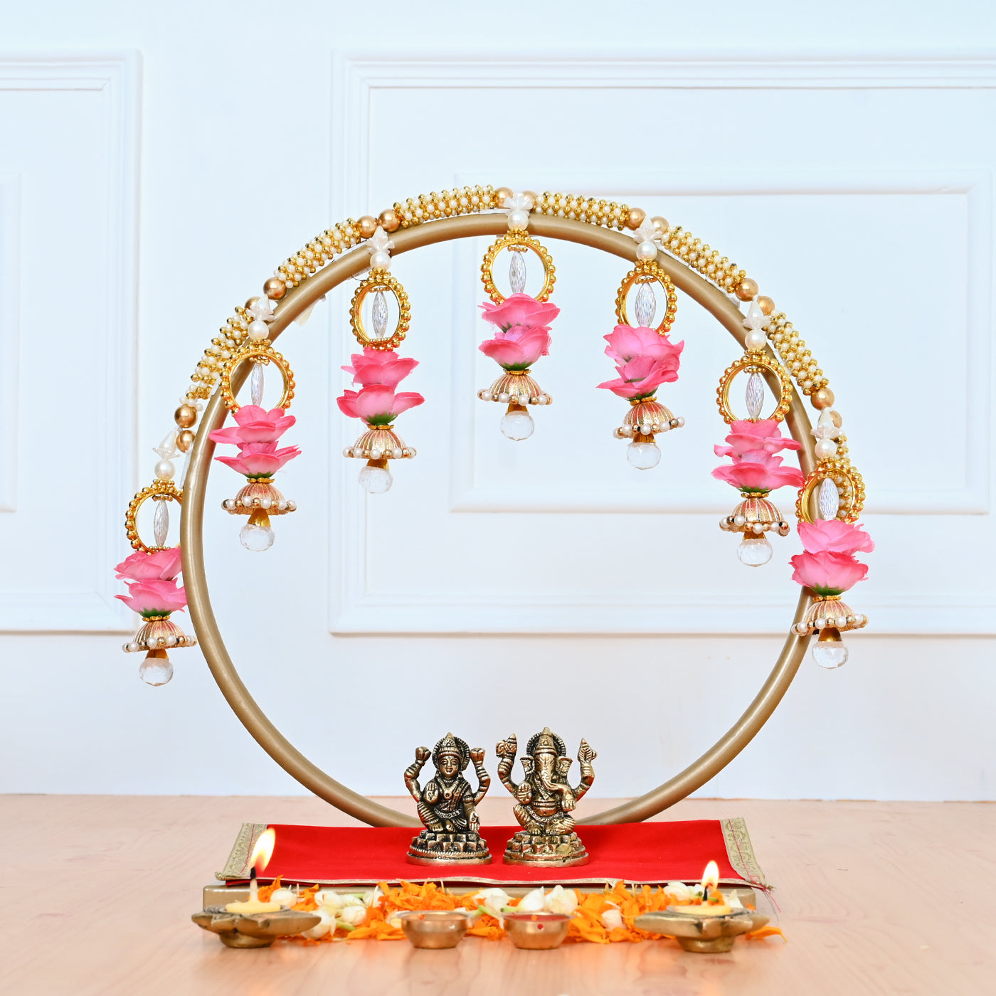 Premium Diwali Combo with Backdrop frame ,Pooja Aasan, Brass Laxmi Ganesh and Brass Lotus Diya - (Set of 4)