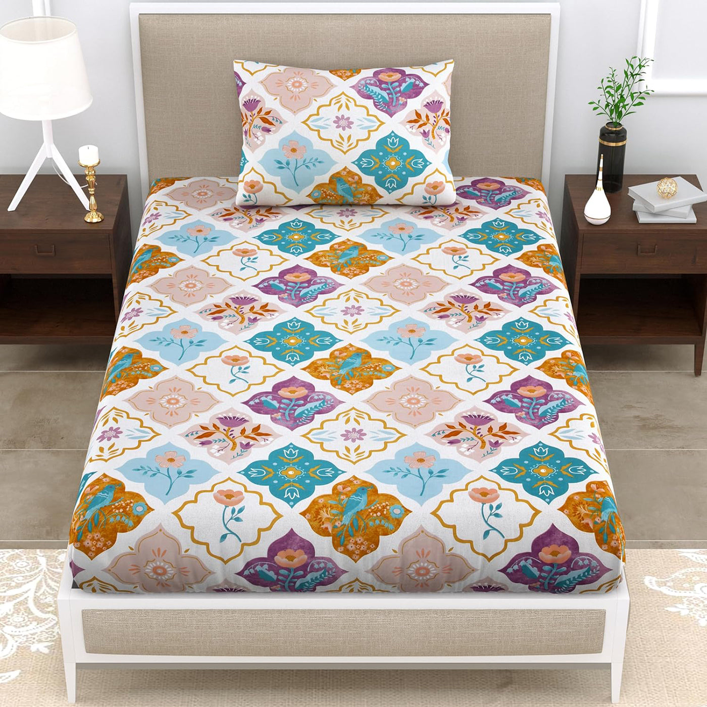 Multicolor Cotton Bedsheet for Bed with 1 Pillow Cover