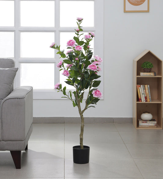 Beautiful Artificial Camellia Flower Plant in a Black Pot for Interior Decor/Home Decor/Office Decor (120 cm Tall, Pink)