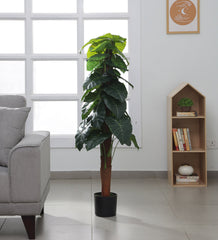 Beautiful Artificial PVC Silk Rubber Plant with big Leaves and with pot for home and office décor (120 cm Tall, Green)