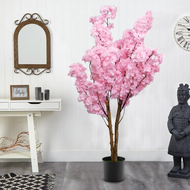 4 FT Artificial Cherry Blossom Tree | Handmade with Natural Silk Real-Touch Leaves | Tall Dark Pink Decorative Plant for Home and Office (18 x 15 x 133 cm)