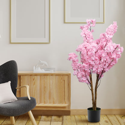 4 FT Artificial Cherry Blossom Tree | Handmade with Natural Silk Real-Touch Leaves | Tall Dark Pink Decorative Plant for Home and Office (18 x 15 x 133 cm)