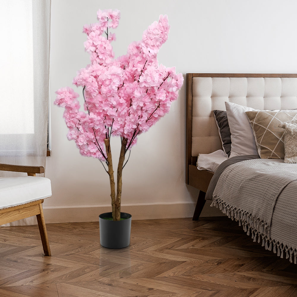 4 FT Artificial Cherry Blossom Tree | Handmade with Natural Silk Real-Touch Leaves | Tall Dark Pink Decorative Plant for Home and Office (18 x 15 x 133 cm)