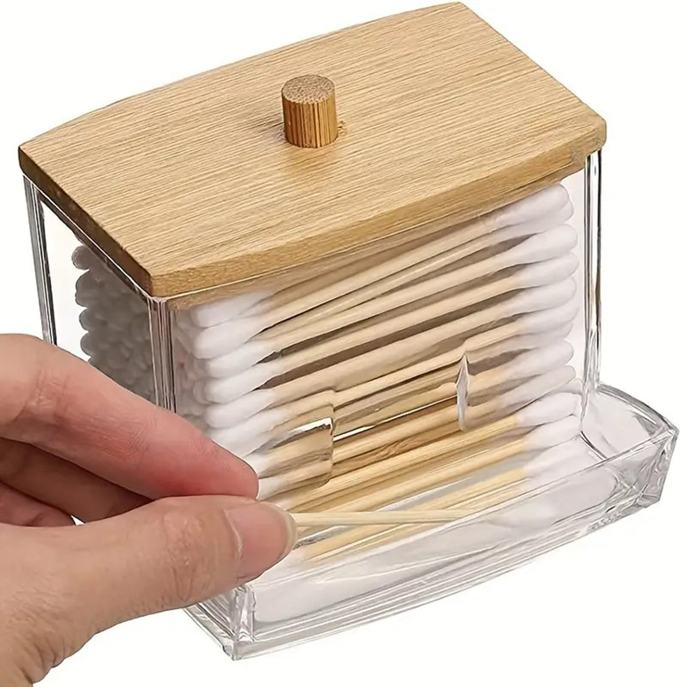 Bamboo Lid Qtip Holder Dispenser Bathroom Organizer for Cotton Balls, Cotton Swabs, and Storage Box