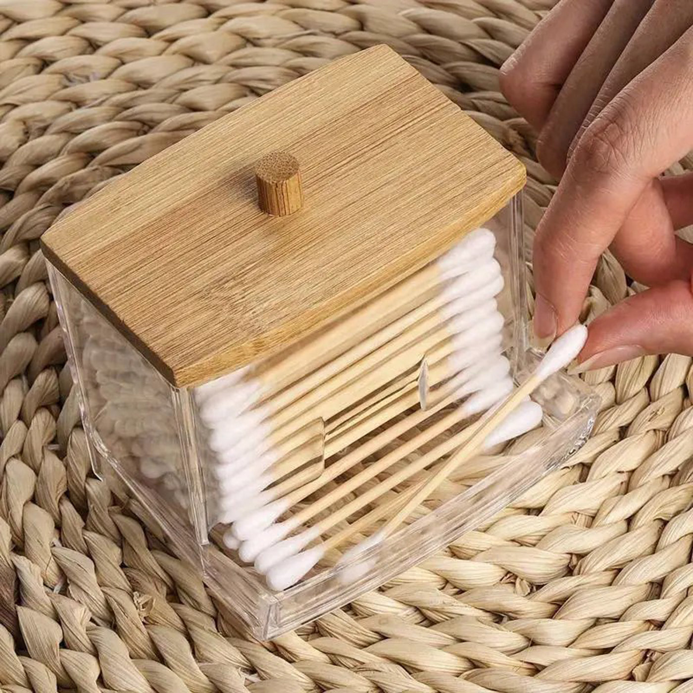 Bamboo Lid Qtip Holder Dispenser Bathroom Organizer for Cotton Balls, Cotton Swabs, and Storage Box