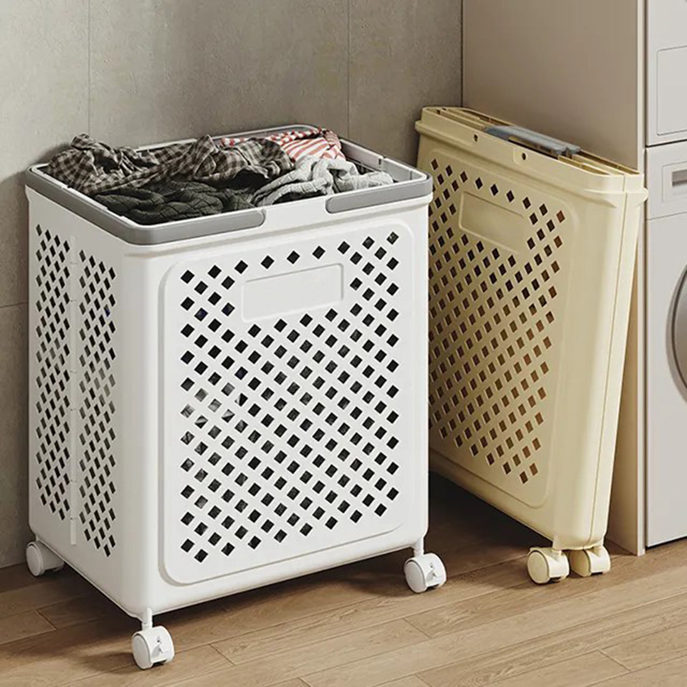 Foldable Plastic Laundry Basket Bathroom Clothes Storage with Wheels and Toy Organizer