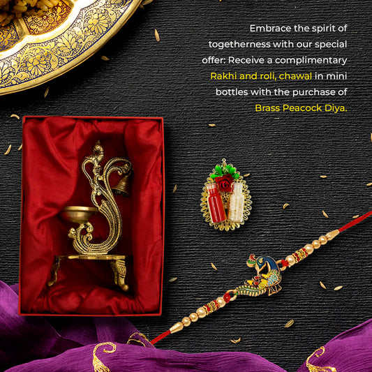 Brass Peacock Design Bell Diya with Brass Rakhi and Roli Chawal Platter for Brother