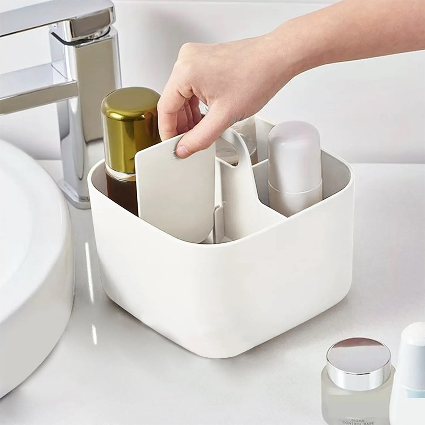 Multi-functional Plastic Desk and Bathroom Organizer: 4 Compartments for Cosmetics, Pens, Pencils, and Toothpaste