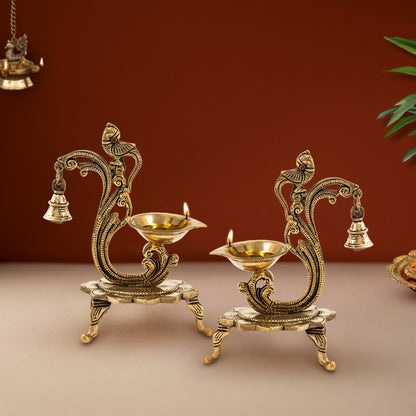 Brass Oil Peacock Diya with Bell