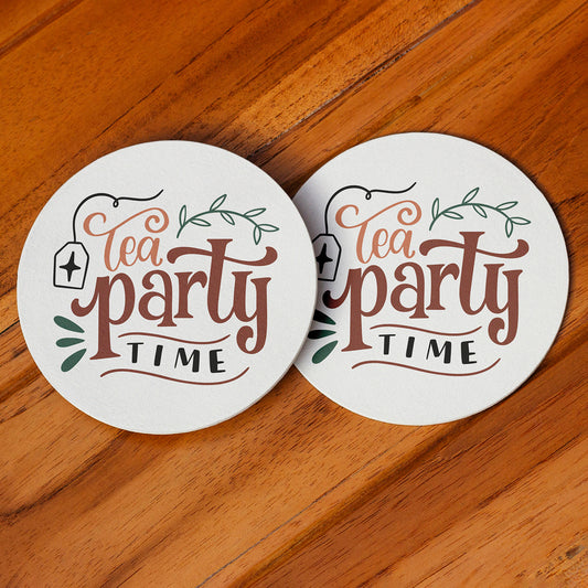 Set of 2 Tea Party Time Printed Coaster Cum Fridge Magnets For Tea Cups ,Coffee Mugs Gift For Mother