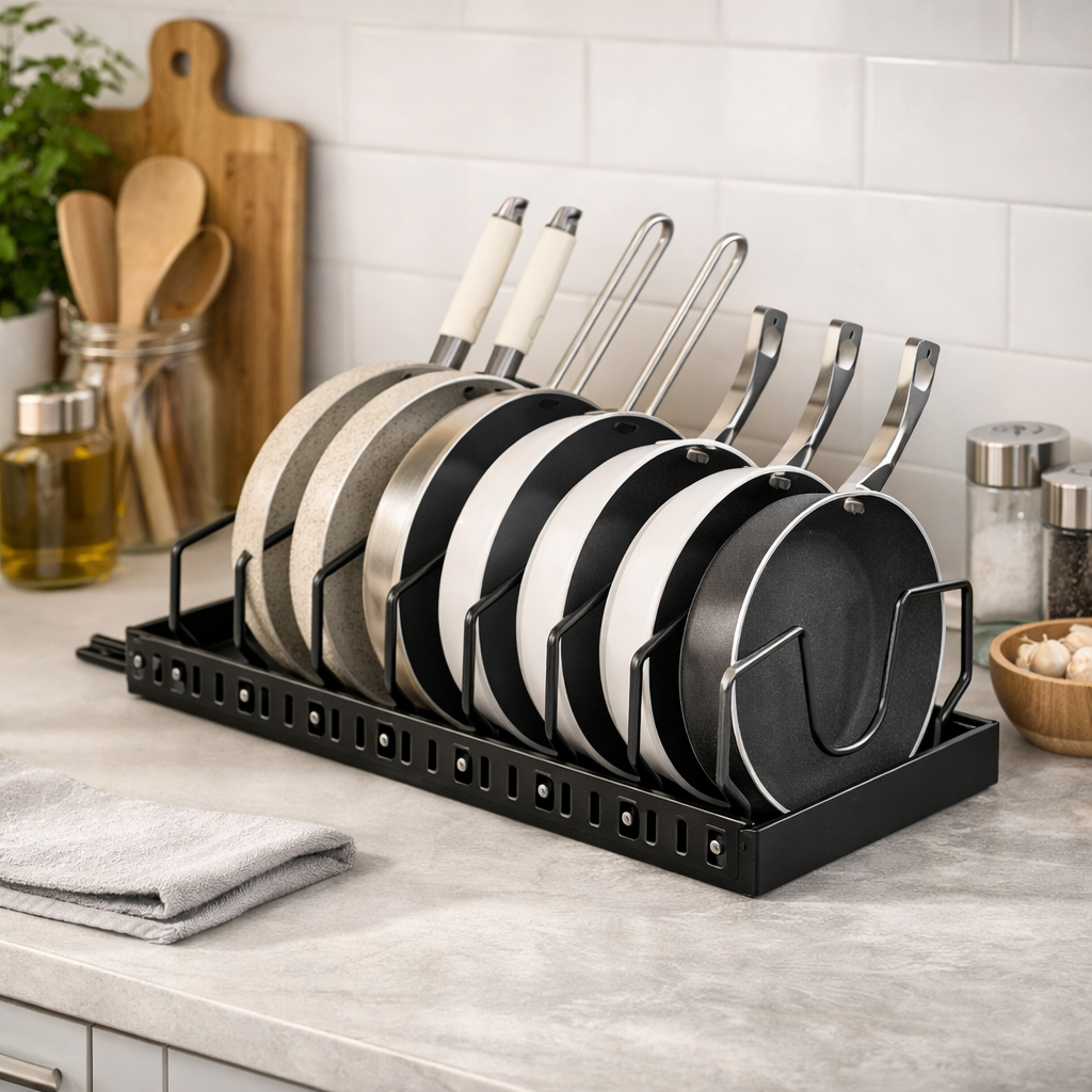 8-Tier Pot & Pan Rack Organizer | Adjustable Steel & ABS Lid Holder | Space-Saving Kitchen Storage (Pull-Out Pan & Pot Rack Organizer)