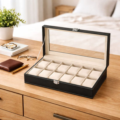 DecorTwist Premium Watch Storage Box Watch Case Organizer PU Leather, Velvet Interior, Transparent Lid (12 Slots)