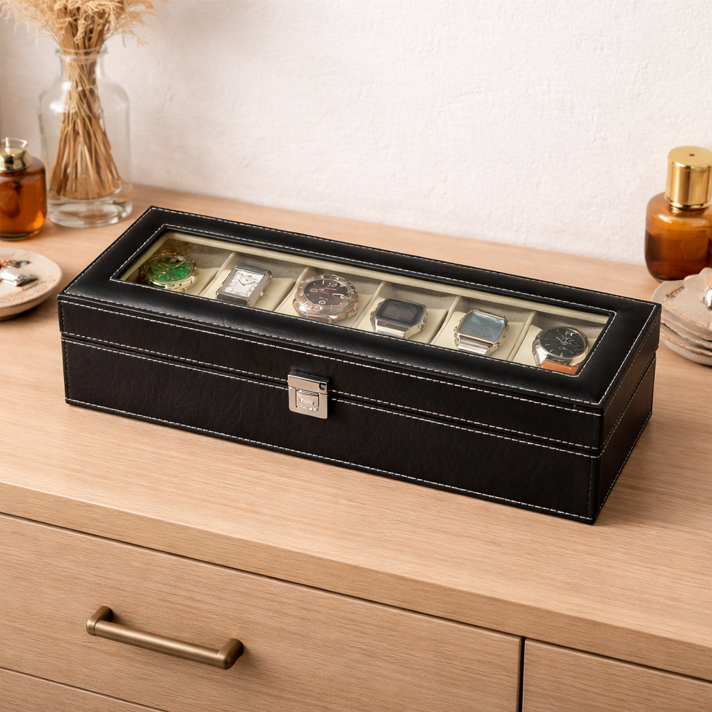 DecorTwist Premium Watch Storage Box Watch Case Organizer PU Leather, Velvet Interior, Transparent Lid (6 Slots)