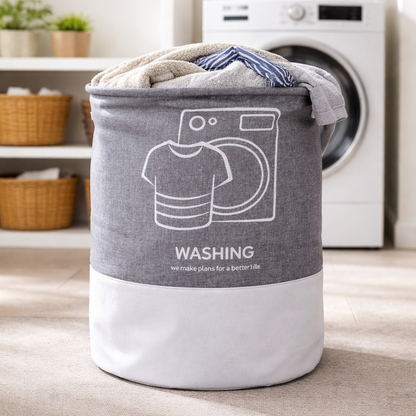 Foldable Laundry Basket for Clothes (Grey + White | Washing Graphic)