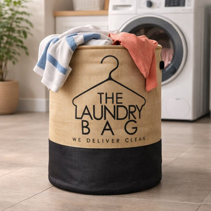 Jute Laundry Basket Large | Collapsible Laundry Hamper with Handles | Stylish Fabric Laundry Storage for Home, Bedroom & Bathroom (Beige + Black | “THE LAUNDRY BAG”)