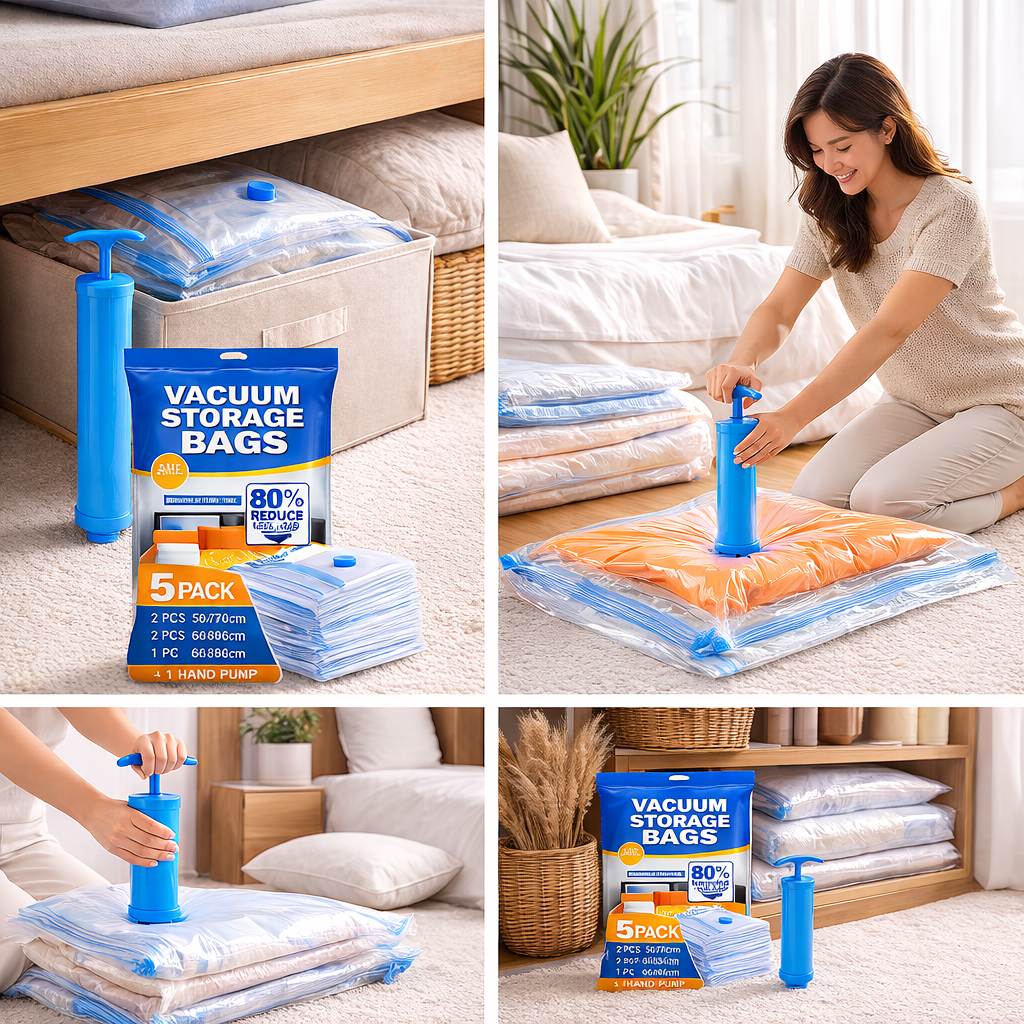 Vacuum Compression Storage Bags with Hand Pump – Space Saver Bags for Clothes, Blankets, Quilts & Travel | Heavy-Duty Double Seal | Airtight & Reusable (Set of 5 – Mixed Sizes)