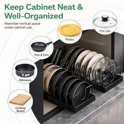 8-Tier Pot & Pan Rack Organizer | Adjustable Steel & ABS Lid Holder | Space-Saving Kitchen Storage (Pull-Out Pan & Pot Rack Organizer)