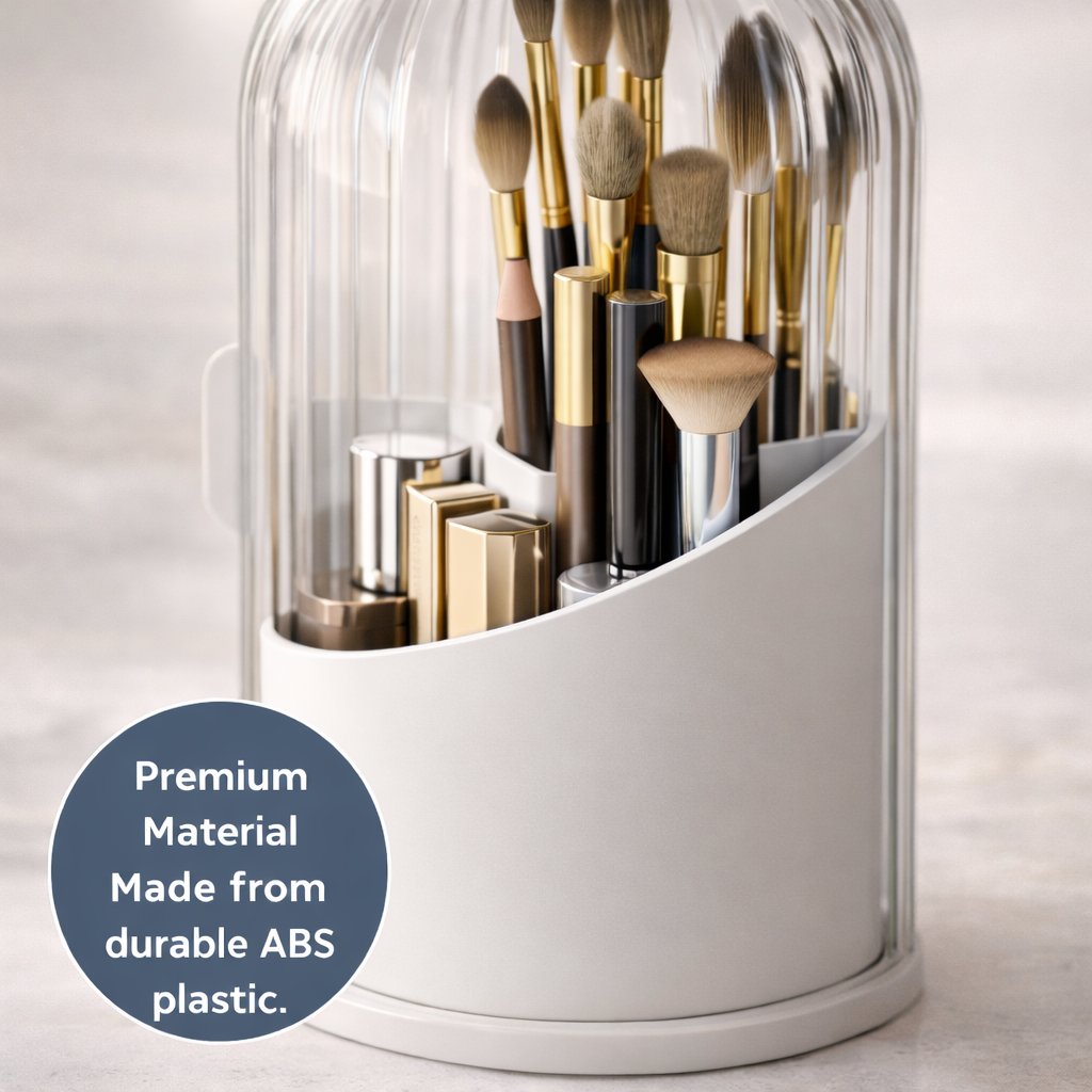 360° Rotating Makeup Brush Holder with Lid | Dustproof & Waterproof Cosmetic Organizer for Vanity & Dressing Table (Transparent)