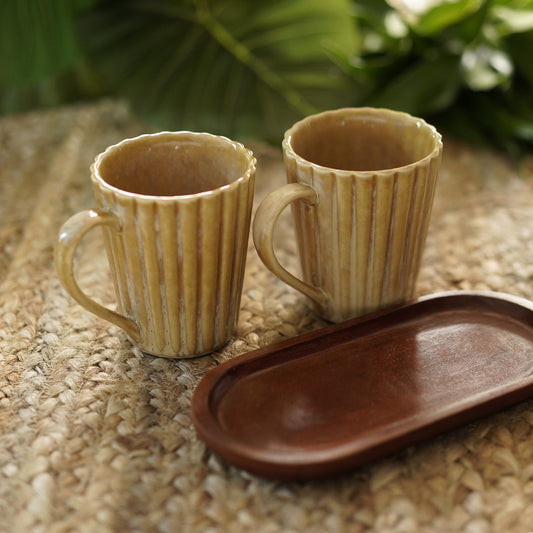 DHERA OCHRE COFFEE MUGS SET of 2 with OVAL TRAY