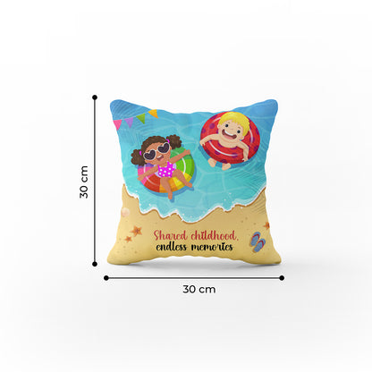 Shared childhood endless memories Printed Cushion Gift for Birthday, Kids Room, Living Room, or Bedroom Throw Pillow