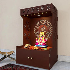Divyalay - Om design Brown Mandir/ Temple with closed storage shelf, Lights and intricate patterns