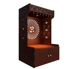 Divyalay - Om design Brown Mandir/ Temple with closed storage shelf, Lights and intricate patterns