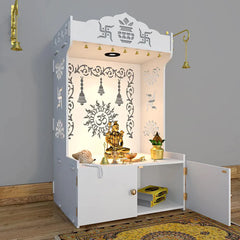 Divyalay- Om design hanging bells White Mandir/ Temple with closed storage shelf, Lights and intricate patterns