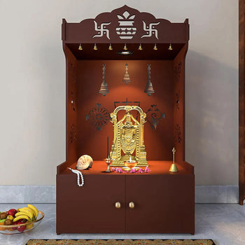 Divyalay- Swastik hanging bells cutwork Brown Mandir/ Temple with closed storage shelf, Lights and intricate patterns